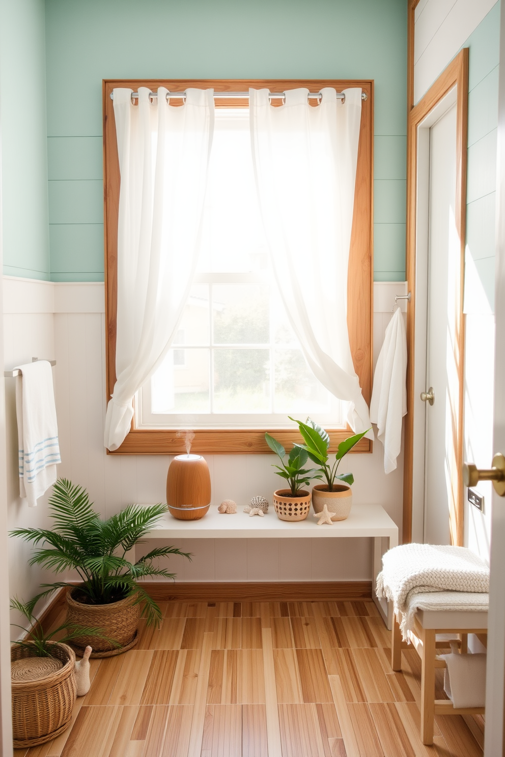 A bright and airy summer bathroom setting with a tropical theme. The walls are painted in a soft aqua color, complemented by white shiplap accents and natural wood elements. A large window allows sunlight to flood the space, adorned with sheer white curtains that flutter gently. A tropical scent diffuser sits on the countertop, releasing hints of coconut and citrus into the air. Decorative elements include potted palm plants and seashell accents scattered throughout. The floor features light-colored bamboo tiles, enhancing the warm and inviting atmosphere.