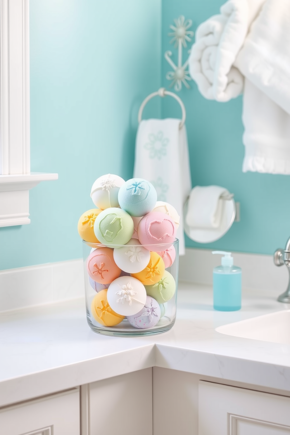 A vibrant summer bathroom filled with colorful bath bombs arranged artfully in a clear glass jar on the countertop. The walls are painted in a soft aqua blue, and fluffy white towels are neatly hung on a decorative rack.