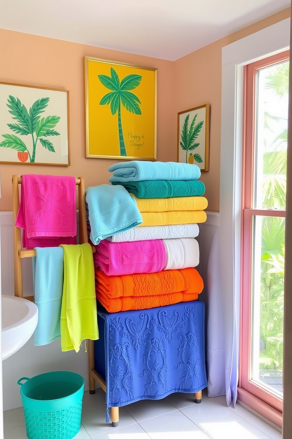 A vibrant summer bathroom scene showcasing a collection of colorful towels neatly arranged on a wooden rack. The walls are adorned with cheerful, tropical-themed artwork, and a large window allows natural light to flood the space, highlighting the bright hues of the towels.