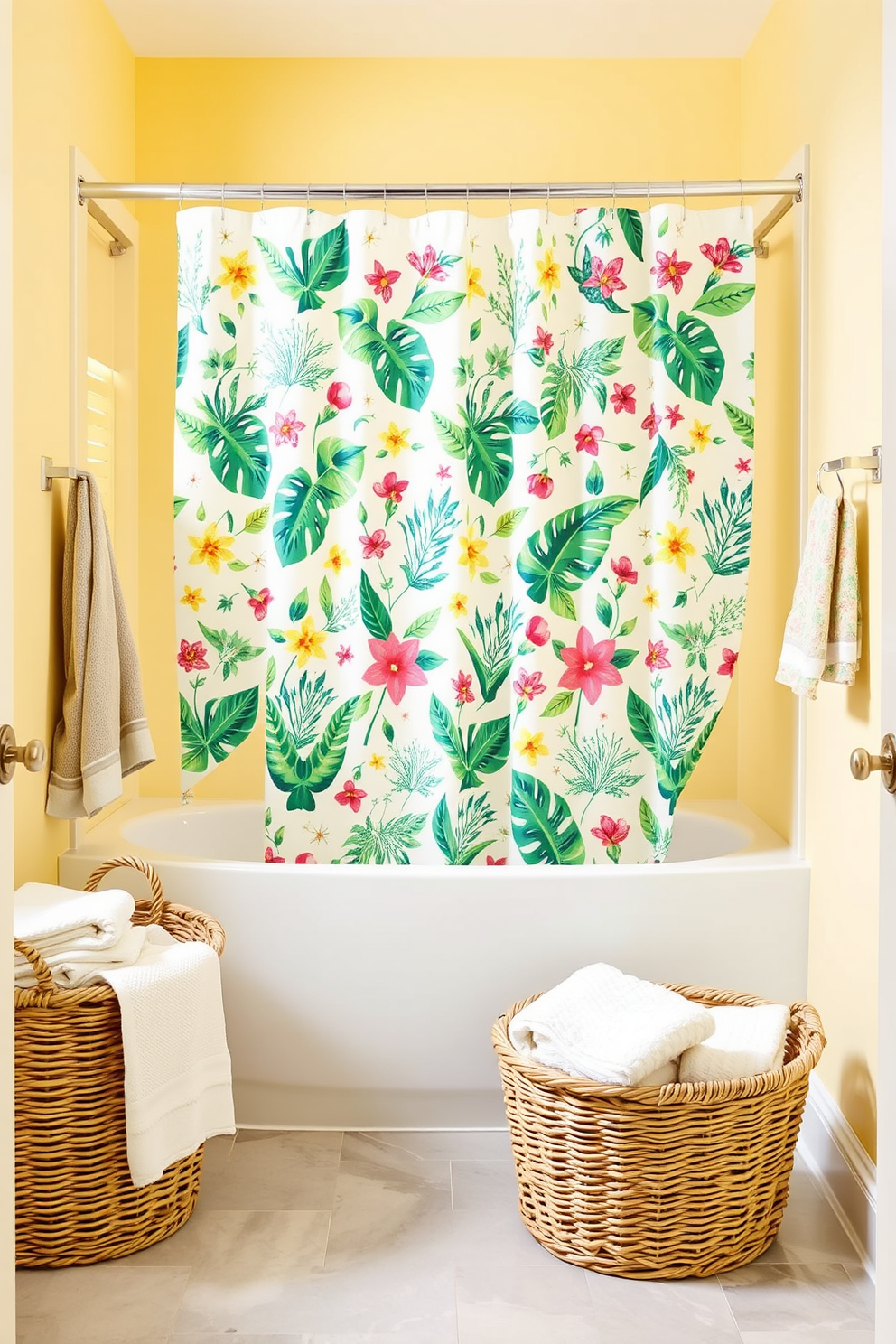 A bright and cheerful bathroom filled with summer vibes. The walls are painted in a soft pastel yellow, and the floor is adorned with light gray tiles. A fun patterned shower curtain featuring tropical leaves and colorful flowers hangs elegantly in the bathtub. A wicker basket filled with fluffy white towels sits nearby, adding a touch of natural texture to the space.