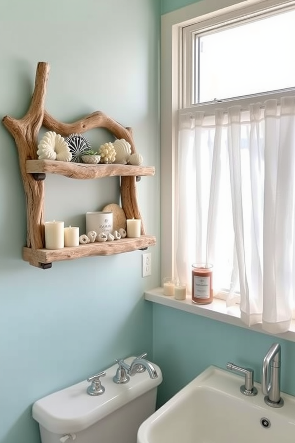 A serene summer bathroom setting featuring a driftwood shelf adorned with coastal decor elements. The shelf is beautifully arranged with seashells, small potted succulents, and a collection of scented candles. Natural light floods the space through a large window, highlighting soft white curtains that flutter gently. The walls are painted in a light aqua hue, complementing the sandy tones of the driftwood shelf.