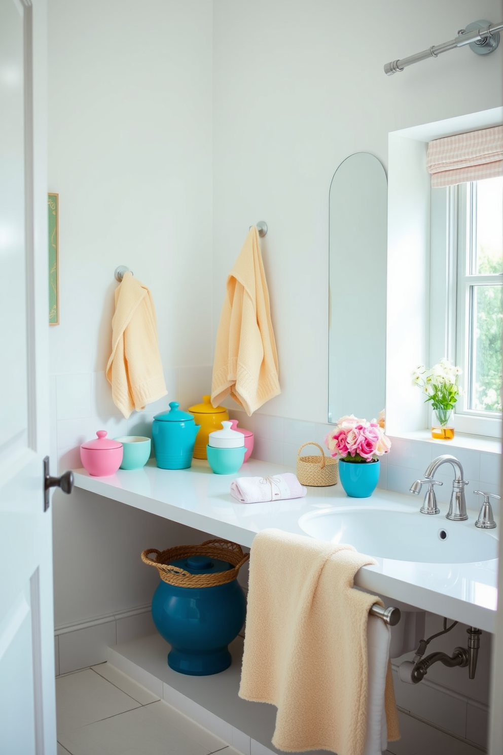 A bright and airy bathroom filled with summer vibes. The space features colorful ceramic containers in vibrant hues, arranged artfully on the countertop. The walls are painted in a soft white, enhancing the light and cheerful atmosphere. Fresh towels in pastel shades are neatly hung, complementing the playful decor.