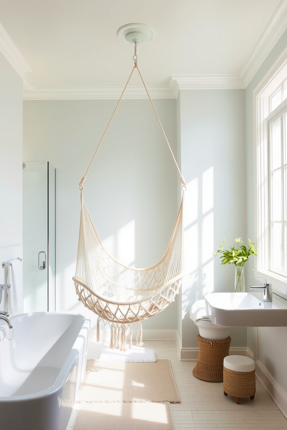 A serene summer bathroom setting featuring a hammock chair suspended from the ceiling, inviting relaxation and tranquility. The walls are adorned with light pastel colors, and natural light streams in through a large window, creating a bright and airy atmosphere.