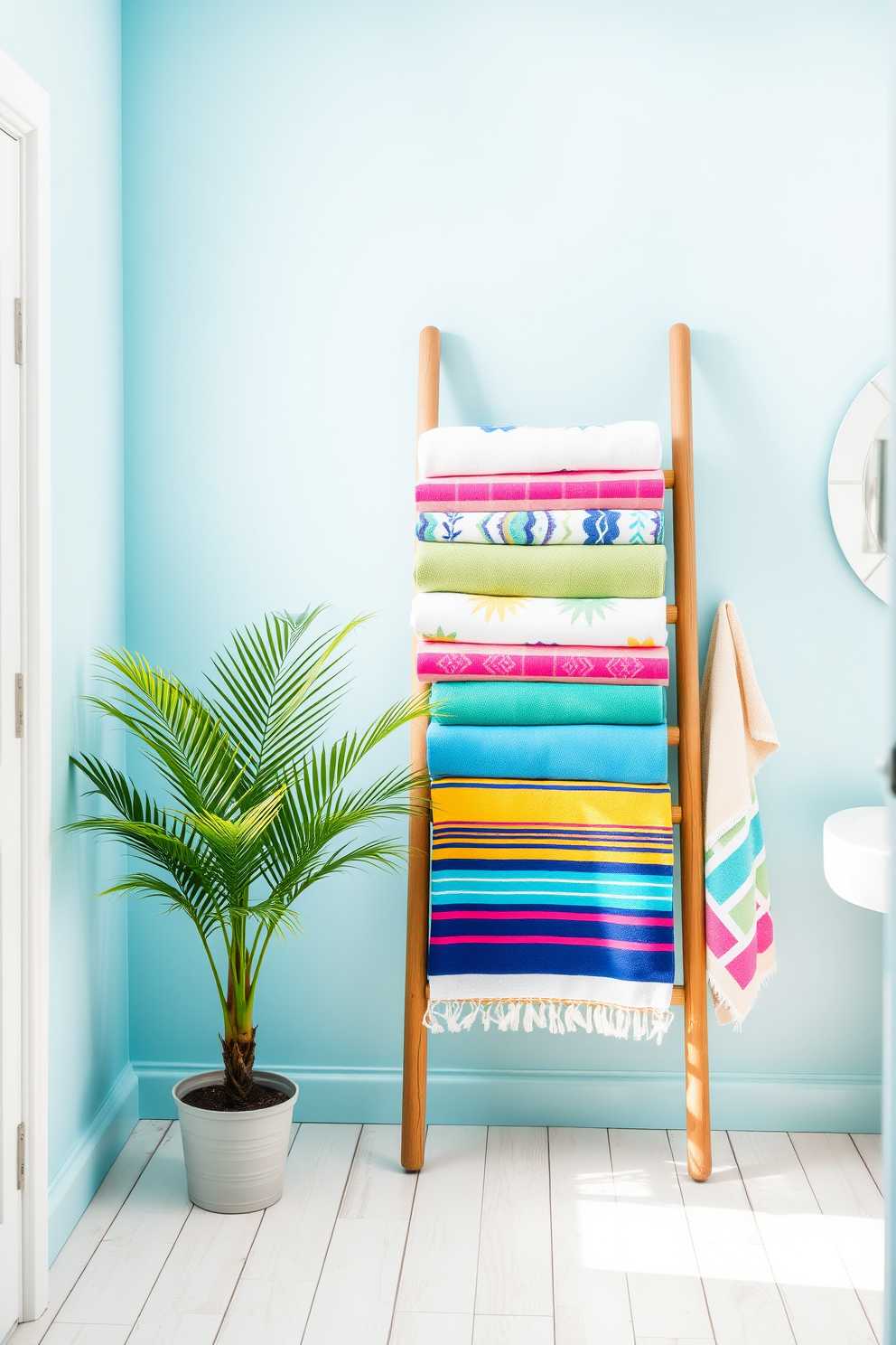 A bright and airy summer bathroom setting. The walls are painted in a soft ocean blue, and the floor is adorned with light-colored wooden planks. A colorful display of beach towels is neatly arranged on a wooden ladder, showcasing vibrant patterns and hues. A potted palm plant sits in the corner, adding a touch of greenery and a tropical vibe.