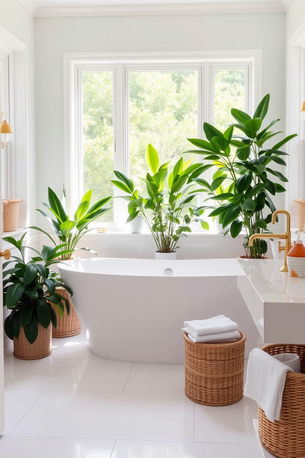 A bright and airy bathroom filled with natural light. The space features a sleek freestanding bathtub surrounded by lush potted plants that bring a touch of fresh greenery. The walls are painted in a soft pastel hue, creating a serene atmosphere. Accents of gold in the fixtures and a woven basket for towels add a stylish yet relaxed summer vibe.