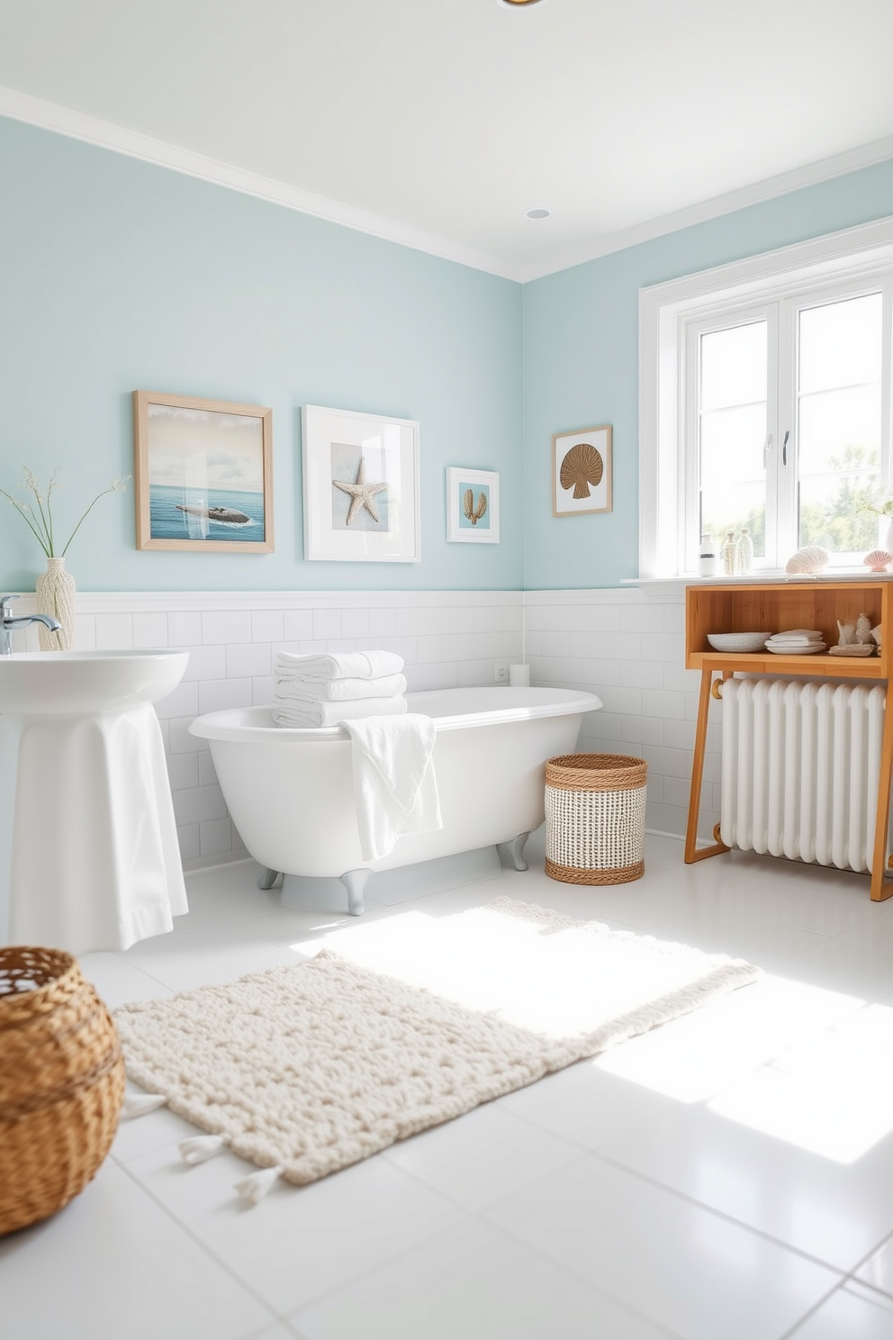 A bright summer bathroom with light, airy decor. The floor is adorned with a soft, cream-colored rug that complements the white tiles. The walls are painted in a refreshing sky blue, creating a serene atmosphere. A large window allows natural light to flood the space, enhancing the lightness of the room. Decorative elements include a collection of seashells and beach-themed artwork. Fresh white towels are neatly arranged on a wooden shelf, adding to the summer vibe.