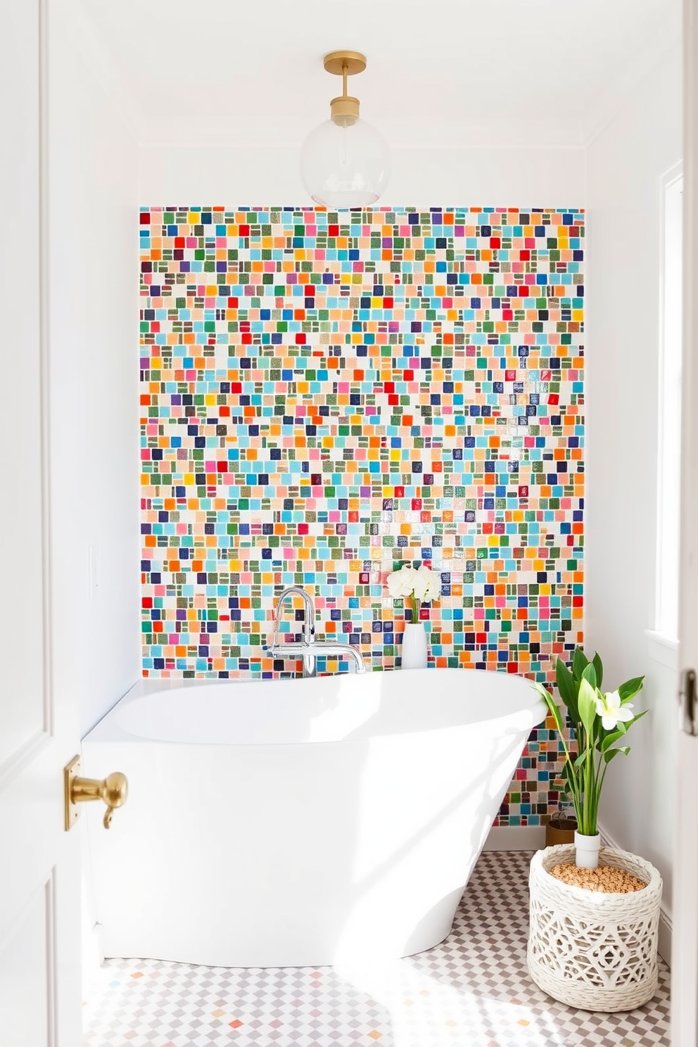 A vibrant summer bathroom setting featuring a colorful mosaic tile backsplash that adds a playful touch to the space. The walls are painted in a soft white hue, complementing the bright tiles and enhancing the overall lightness of the room.