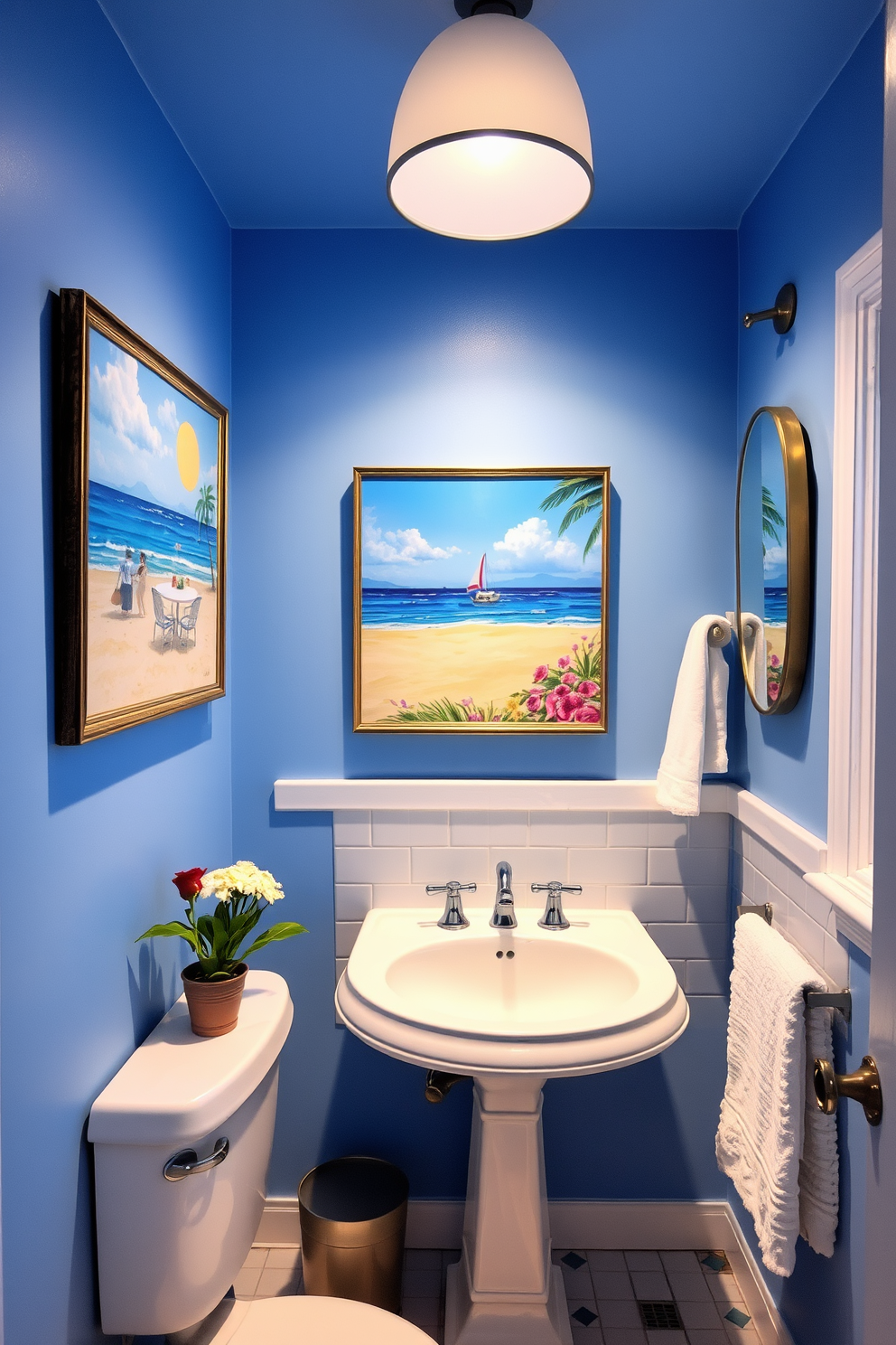 A serene bathroom adorned with vibrant artwork featuring summer scenes. The walls are painted in a soft blue tone, creating a refreshing atmosphere that complements the artwork beautifully.