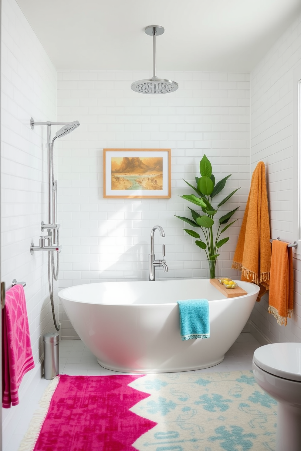 A bright and airy bathroom featuring modern fixtures that replace the old ones. Sleek chrome faucets and a minimalist showerhead complement a freestanding soaking tub with a contemporary design. The walls are adorned with light pastel tiles that evoke a fresh summer vibe. Complementary decor includes vibrant towels and a stylish rug that adds warmth to the space.