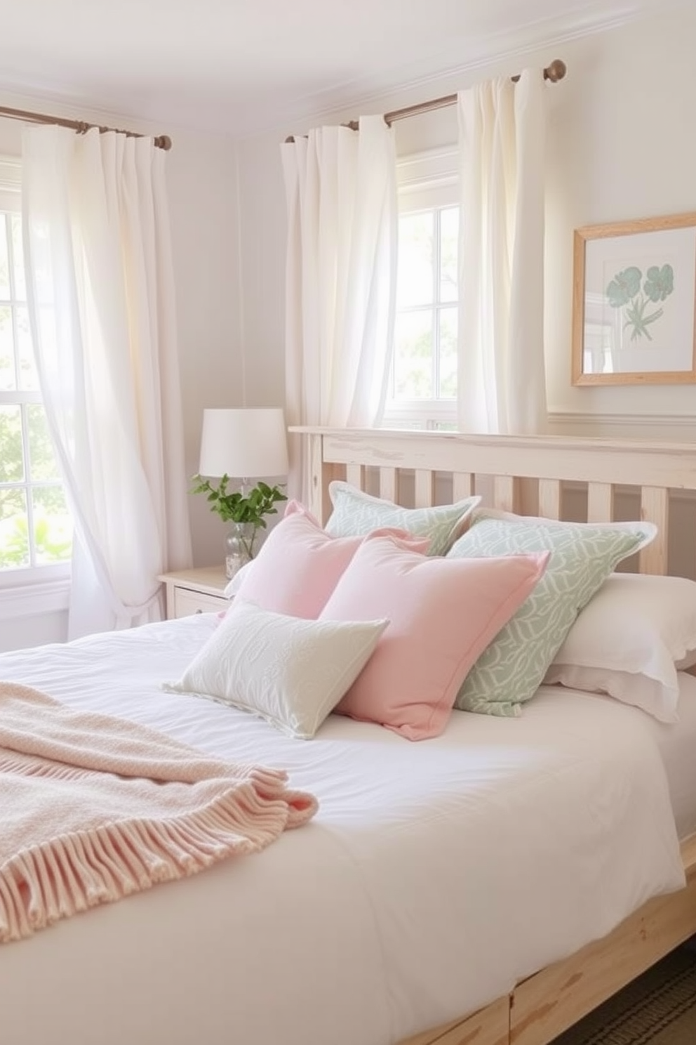 Lighten your bedding with pastel colors to create a serene and inviting atmosphere. Incorporate soft pinks, blues, and greens in your linens and throw pillows for a refreshing summer look. Add airy curtains that flutter gently with the breeze, allowing natural light to fill the room. Consider a light wood or whitewashed bed frame to complement the pastel palette and enhance the overall brightness of the space.