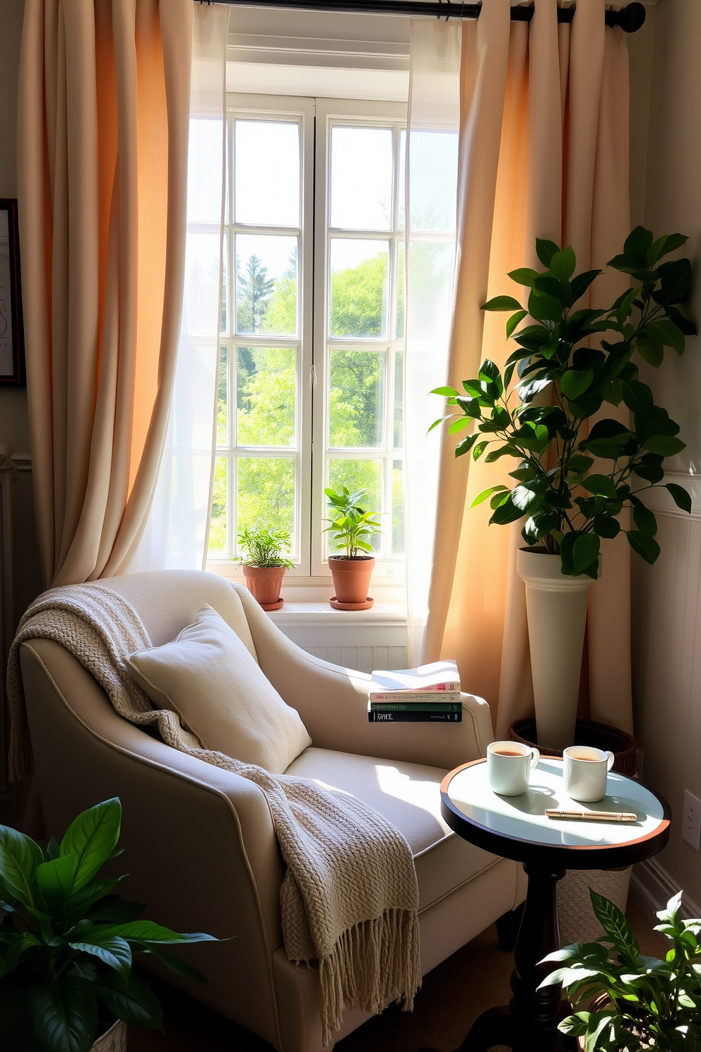 Create a cozy reading nook by the window with a plush armchair upholstered in soft fabric. A small side table holds a stack of books and a steaming cup of tea, while a warm throw blanket drapes over the chair. Incorporate light, airy curtains that gently filter sunlight into the space. Surround the nook with potted plants to bring a touch of nature indoors and enhance the serene atmosphere.