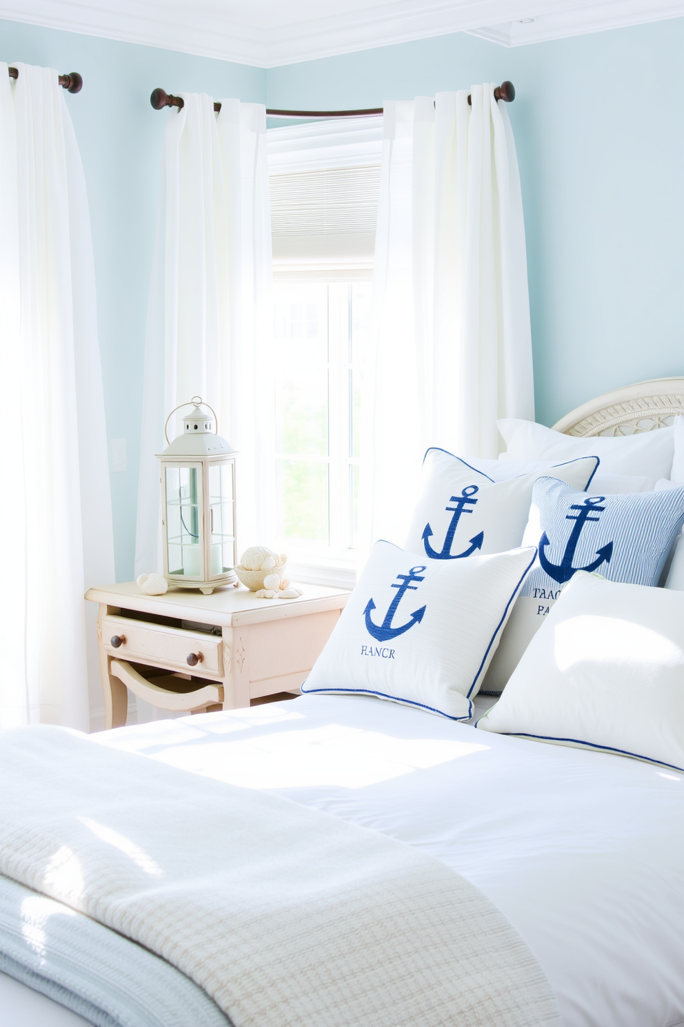 A serene summer bedroom setting featuring a light blue color palette. Nautical elements are incorporated through accessories such as a striped throw blanket and decorative pillows with anchor motifs. The bed is dressed in crisp white linens, complemented by a driftwood nightstand adorned with a lantern and seashells. Soft sunlight filters through sheer curtains, creating a calming atmosphere perfect for relaxation.