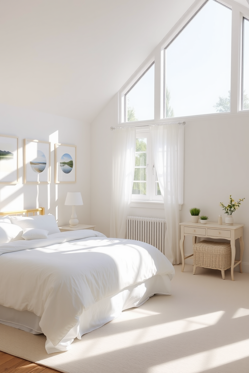 A bright and airy summer bedroom filled with natural light. The walls are painted in soft pastel hues, and the bedding features light, breezy fabrics in shades of white and pale blue. A large window draped with sheer curtains allows sunlight to filter in gently. The room is adorned with light artwork depicting serene landscapes, creating a calm and inviting atmosphere.