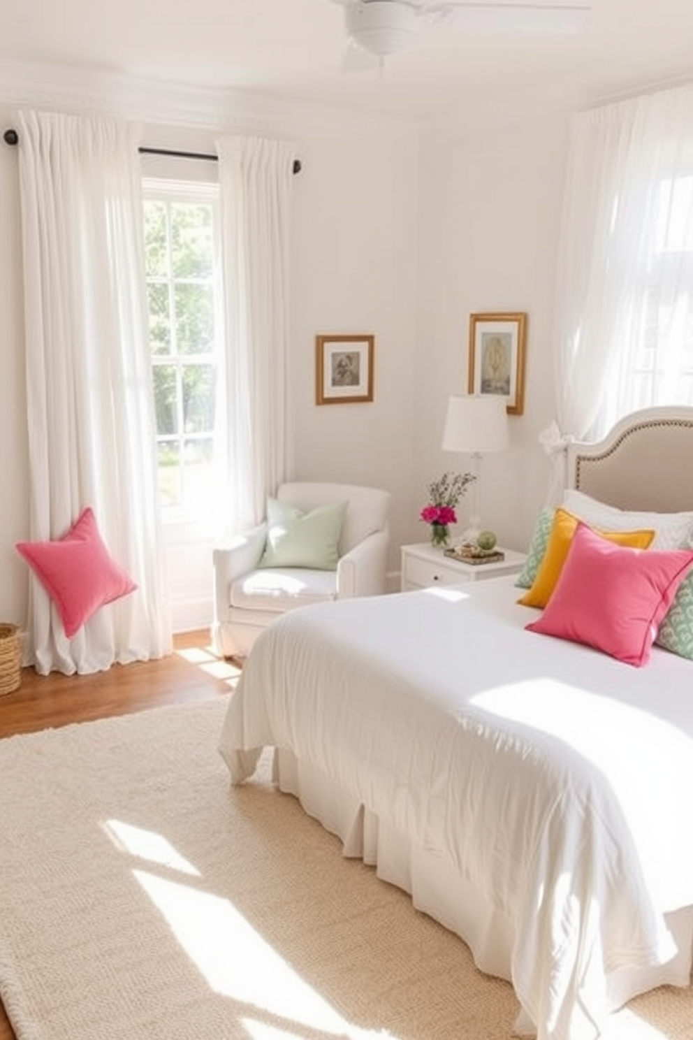 A bright and airy summer bedroom featuring a light-colored area rug that adds warmth and comfort underfoot. The room is adorned with soft pastel bedding, complemented by sheer white curtains that allow natural light to flood in. A cozy reading nook is created with a plush armchair positioned near a window, accompanied by a small side table. Decorative pillows in vibrant hues are scattered across the bed, enhancing the cheerful summer vibe.