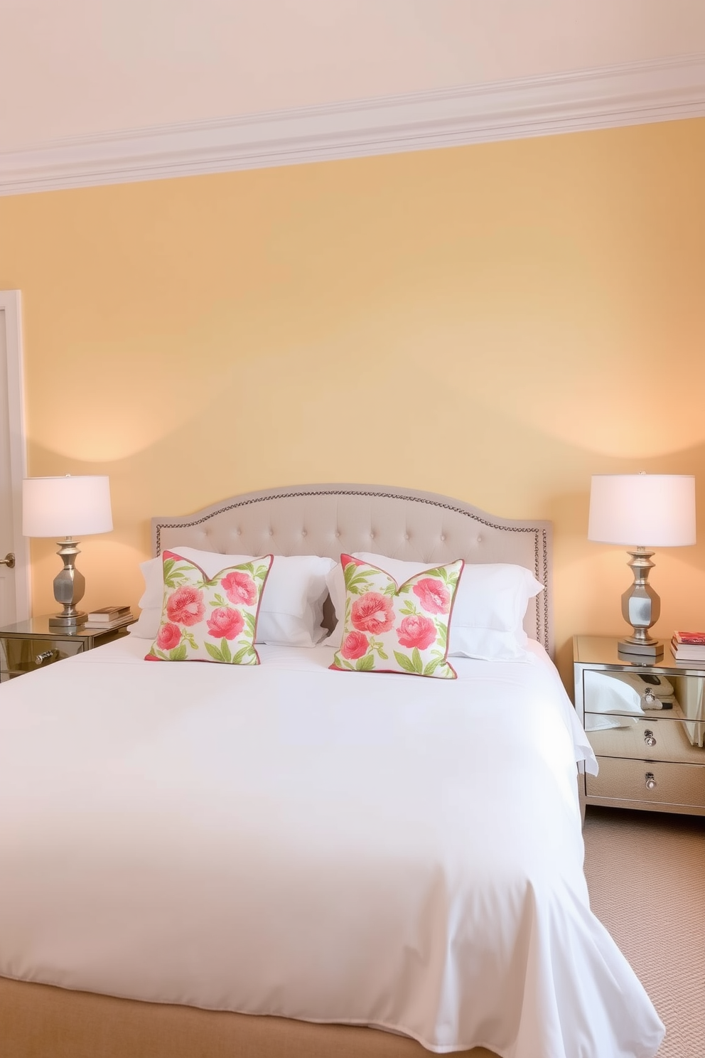 A serene summer bedroom setting. The focal point is a statement wall painted in soft pastel hues of yellow and coral, creating a warm and inviting atmosphere. A plush king-sized bed is dressed in crisp white linens with accent pillows in vibrant floral patterns. Flanking the bed are elegant nightstands with sleek lamps that cast a gentle glow, enhancing the room's tranquil vibe.