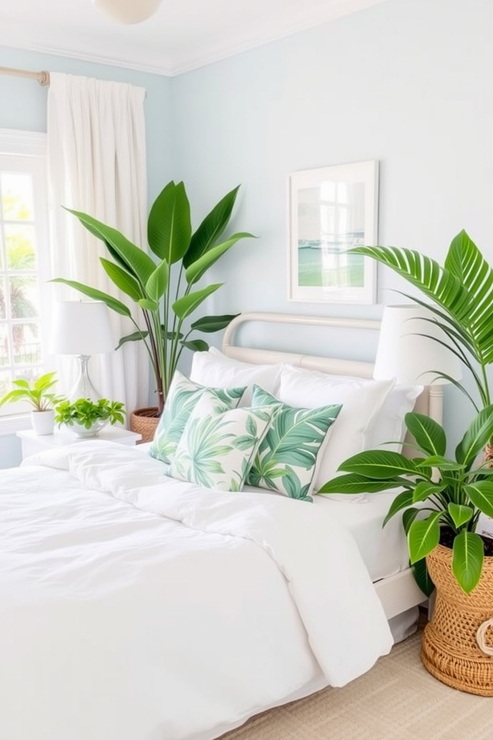 Create a serene summer bedroom that features a soft color palette with light blues and whites. Incorporate tropical prints in the pillows to add a vibrant touch, complementing the airy ambiance of the space. Include a cozy bed dressed in crisp white linens, surrounded by lush greenery and potted plants. The walls should be adorned with subtle beach-themed artwork to enhance the tropical feel of the room.