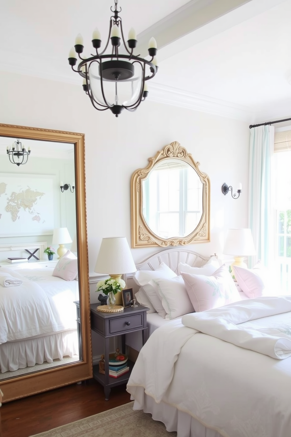 A bright and airy summer bedroom featuring large decorative mirrors strategically placed to reflect natural light. The room is adorned with light-colored linens and soft pastel accents, creating a serene and inviting atmosphere.