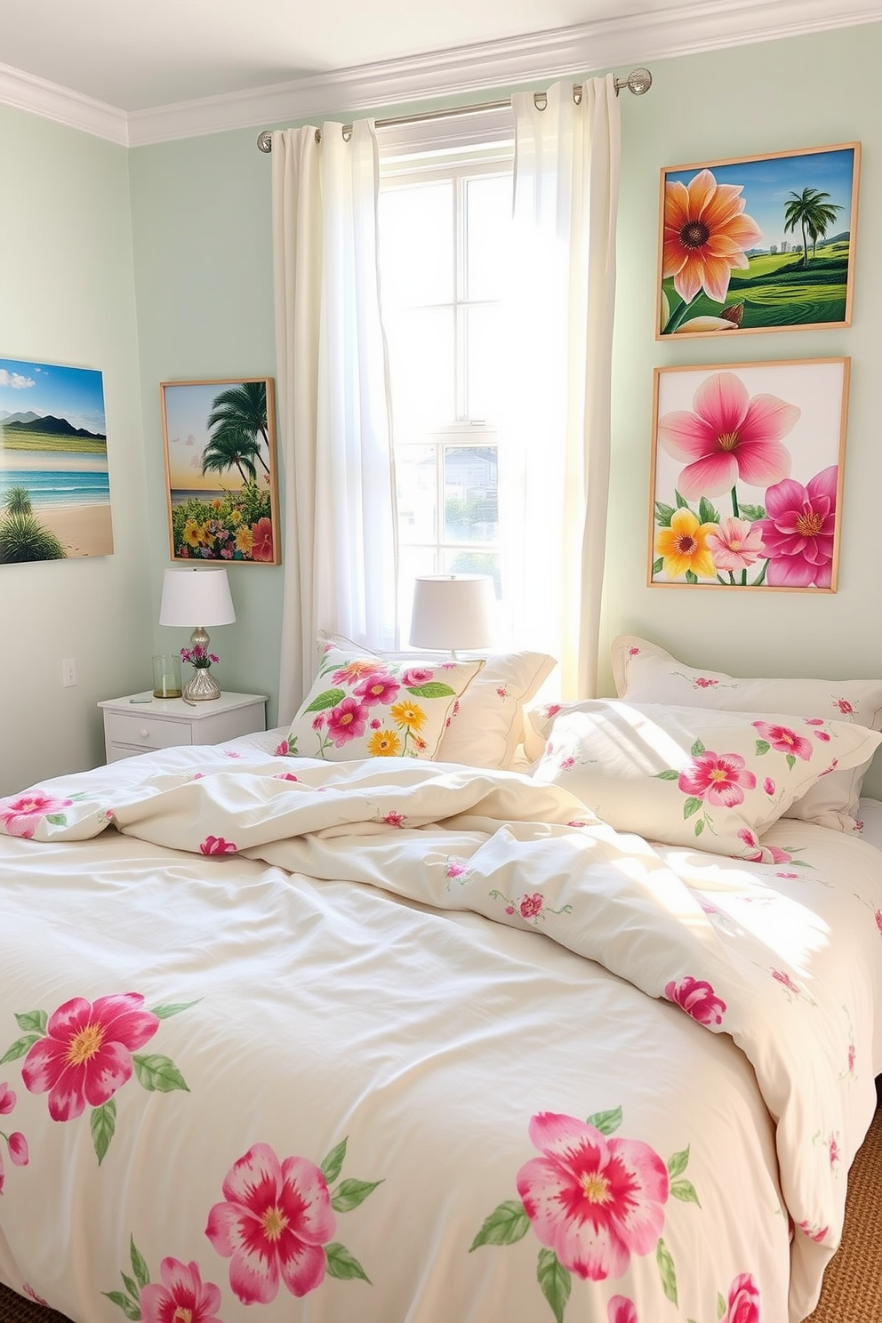 A bright and airy bedroom featuring summer-themed wall art that captures the essence of the season. The walls are adorned with vibrant prints of tropical landscapes and colorful flowers, creating a cheerful atmosphere. The bedding is light and breezy, with soft pastel colors and floral patterns that complement the wall art. Natural light floods the room through sheer curtains, enhancing the fresh and inviting summer vibe.