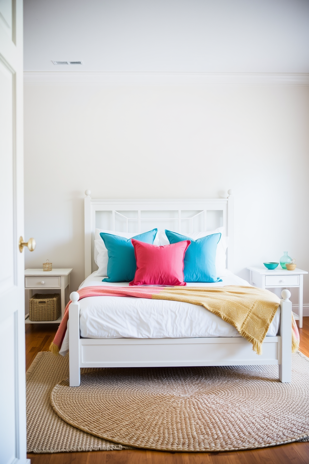 A serene summer bedroom featuring a soft white bed adorned with vibrant cushions in shades of coral and turquoise. The walls are painted a light pastel hue, and a woven rug adds texture to the hardwood floor, creating a cozy atmosphere.