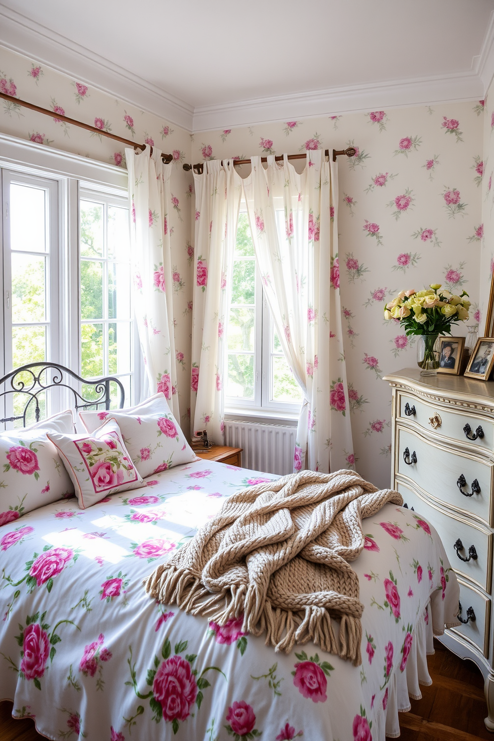 A bright and airy summer bedroom features soft pastel walls adorned with delicate floral patterns. The bedding showcases a mix of vibrant blooms, complemented by matching throw pillows and a cozy knitted blanket. Natural light floods the room through large windows, draped with sheer floral curtains that flutter gently in the breeze. A vintage wooden dresser sits against one wall, decorated with a vase of fresh flowers and framed photographs.