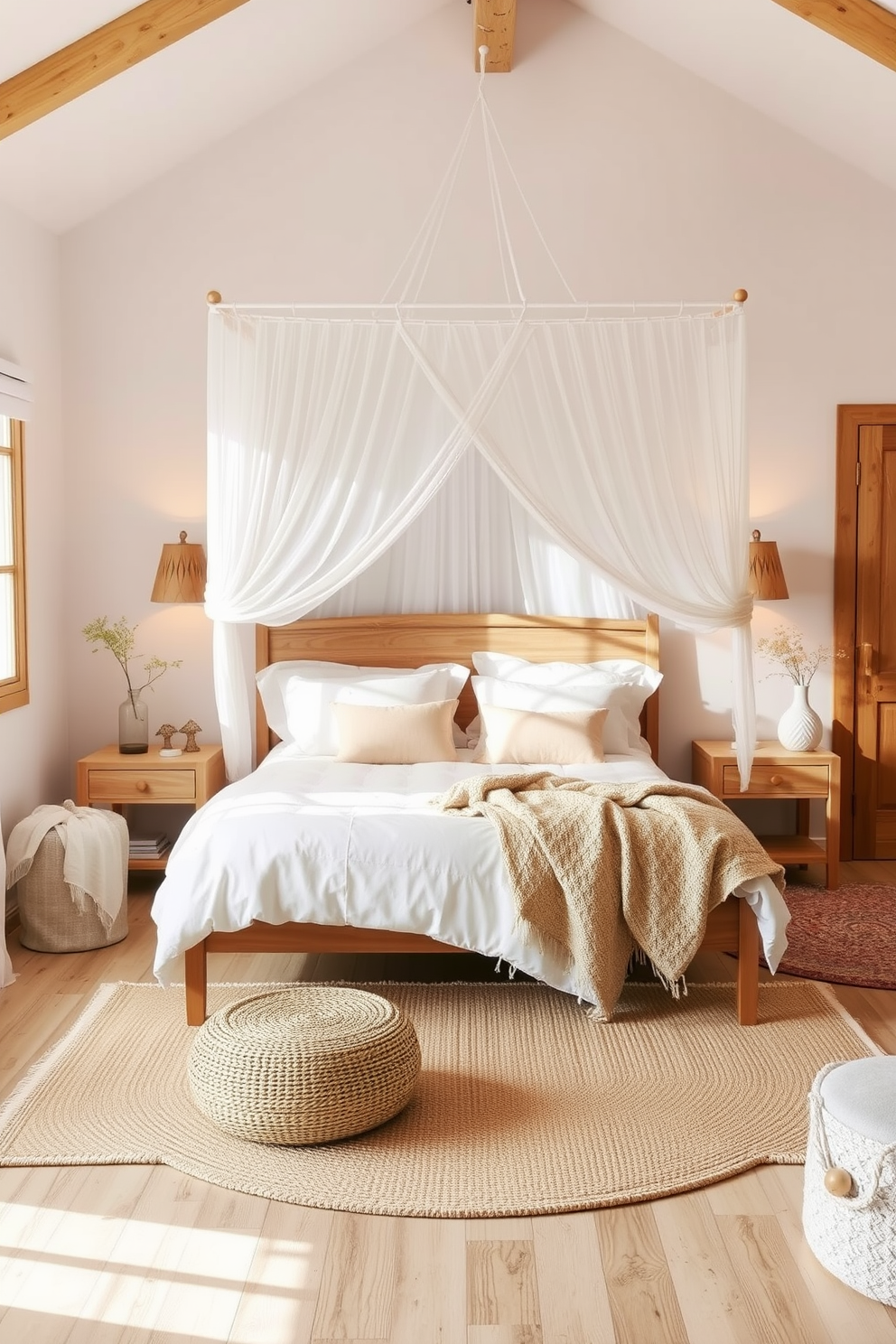 A serene summer bedroom featuring a light canopy draped elegantly over a plush bed adorned with soft pastel linens. The walls are painted in a warm white hue, complemented by natural wood accents and a cozy area rug that adds texture to the space.