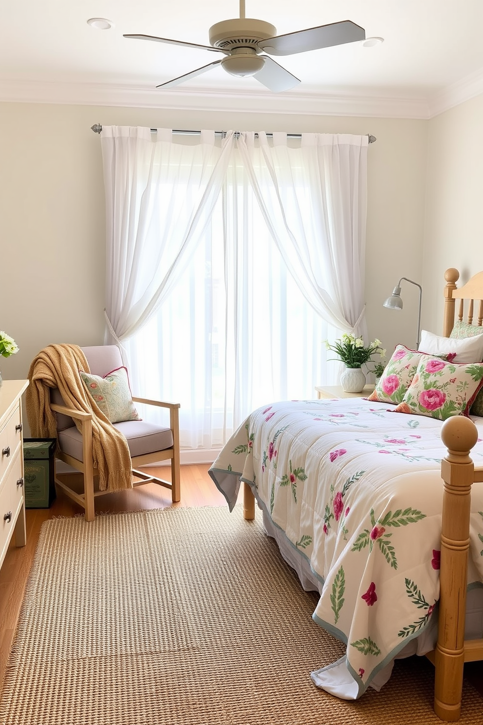 A serene summer bedroom featuring a jute area rug that adds warmth and texture to the space. The walls are painted in a soft pastel hue, complemented by light wooden furniture and sheer white curtains that flutter gently in the breeze. A cozy seating nook by the window includes a plush armchair with a jute throw blanket draped over it. Decorative pillows in vibrant summer colors accentuate the bed, which is adorned with a lightweight quilt and fresh, botanical-patterned bedding.