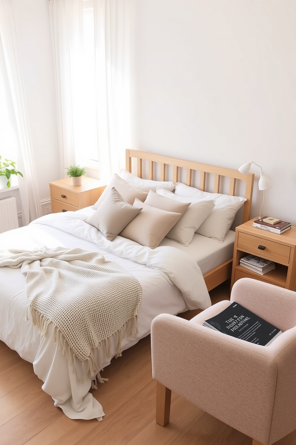 A serene bedroom setting with a simple and clean bedspread in soft white linen. The bed is adorned with pastel-colored throw pillows and a lightweight knitted blanket draped at the foot. Natural light floods the room through sheer curtains, illuminating the light wood furniture and fresh green plants placed on the nightstands. A cozy reading nook is created with a plush armchair in the corner, complemented by a small side table and a stack of books.