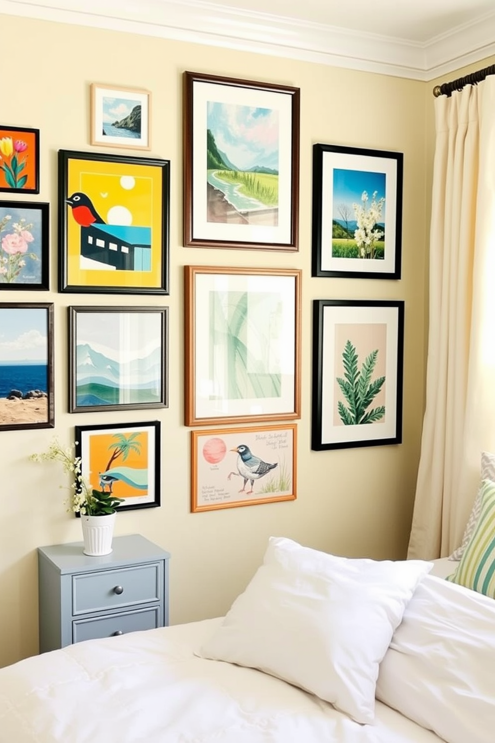 Create a gallery wall featuring vibrant prints that showcase a mix of abstract art and nature-inspired themes. Arrange the frames in an eclectic style to add personality and charm to the space. Design a summer bedroom that incorporates light, airy colors such as soft blues and sunny yellows. Use lightweight fabrics for bedding and curtains to create a fresh and inviting atmosphere.