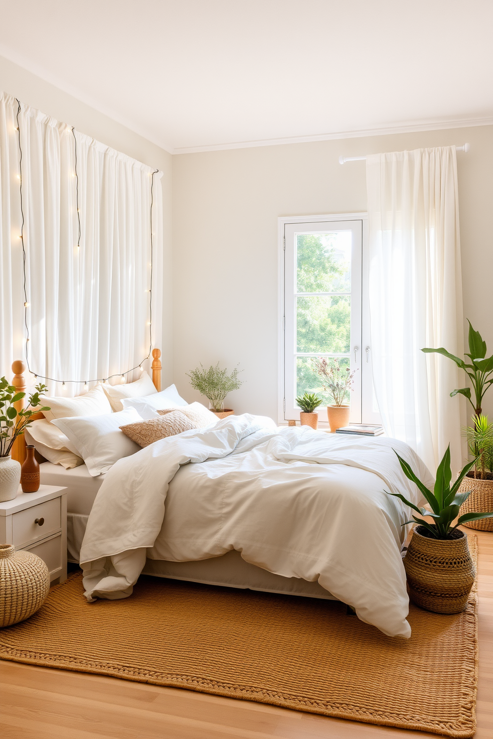 A serene summer bedroom featuring soft pastel colors and airy fabrics. The bed is adorned with a light quilt and fluffy pillows, while string lights are draped along the headboard for a cozy glow. A large window allows natural light to flood the room, complemented by sheer curtains that flutter gently in the breeze. A woven rug adds texture to the space, and potted plants bring a touch of nature indoors.