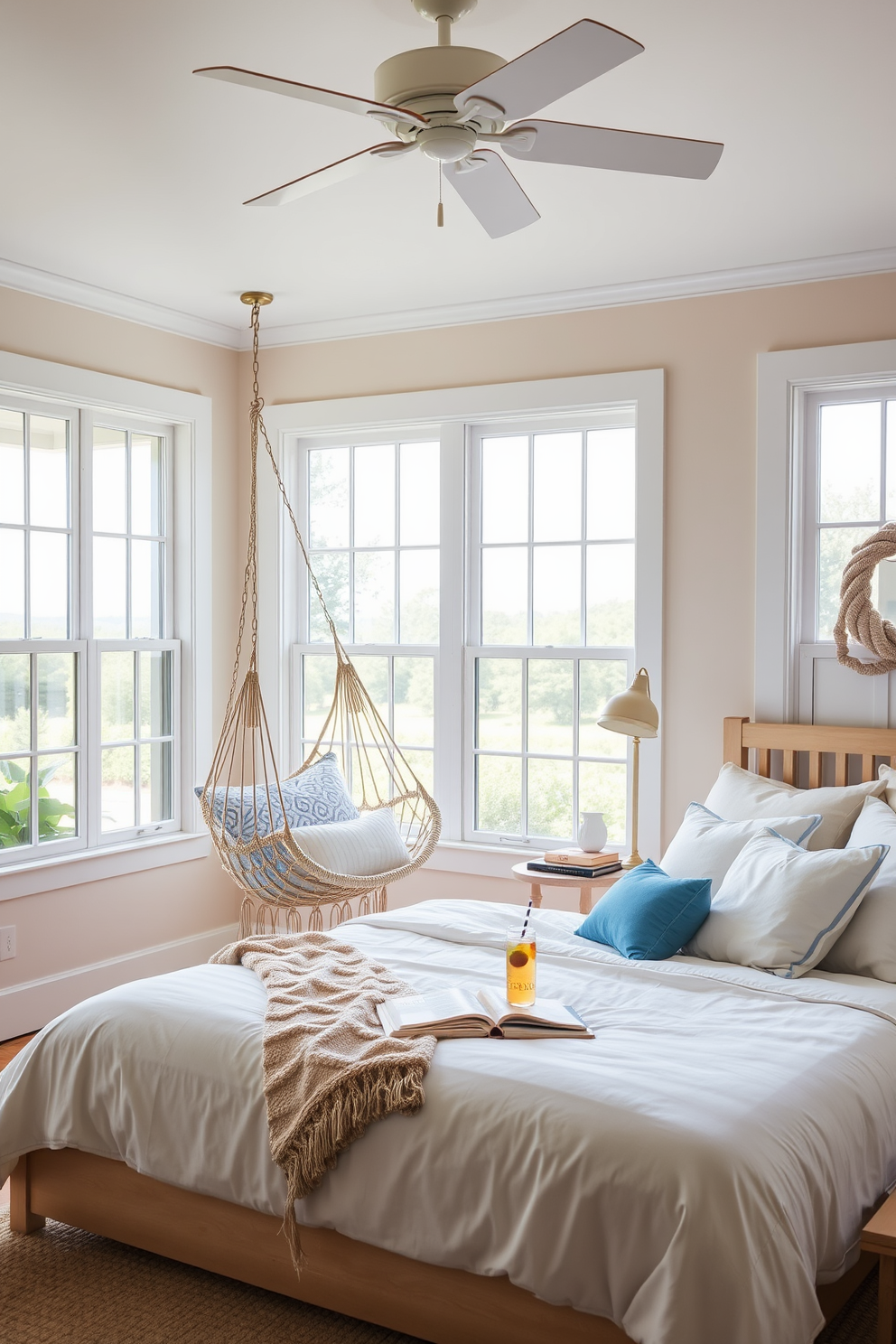 A serene summer bedroom setting featuring a cozy hammock chair suspended from the ceiling in one corner. The walls are painted in soft pastel hues, and large windows allow natural light to flood the space, creating an inviting atmosphere. The bed is adorned with light, airy linens in shades of white and blue, complemented by fluffy pillows. A small side table holds a stack of books and a refreshing drink, enhancing the room's relaxed vibe.