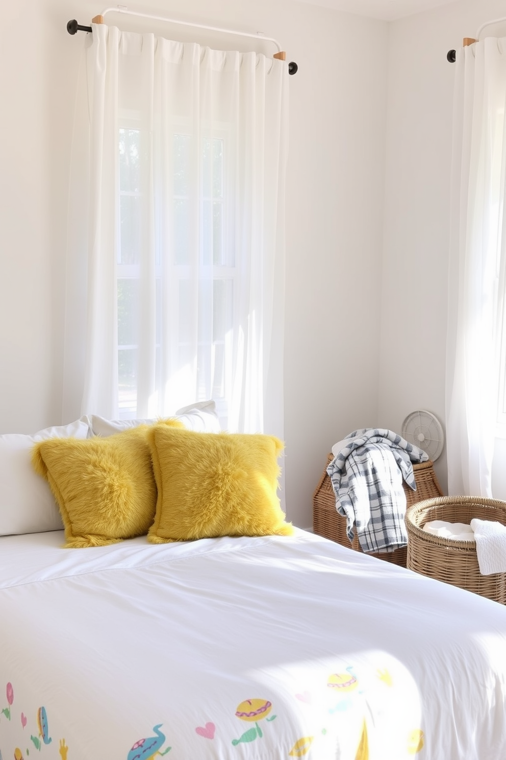 A bright and airy summer bedroom features a soft white bed adorned with a colorful summer-themed bedskirt that adds a playful touch to the decor. Fluffy yellow and blue pillows complement the bed, while sheer curtains flutter gently in the warm breeze, allowing natural light to fill the space. The walls are painted in a light pastel hue, creating a serene atmosphere perfect for relaxation. A woven basket sits in the corner, filled with fresh linens and a cozy throw blanket for those cooler summer nights.