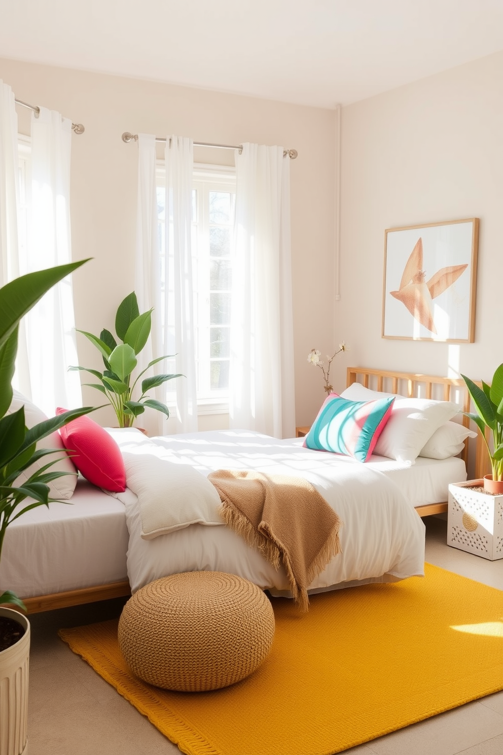 A serene summer bedroom featuring a neutral base with light beige walls and soft white bedding. Colorful accents are introduced through vibrant throw pillows in shades of coral and turquoise, adding a cheerful touch to the space. Natural light floods the room through sheer white curtains, creating an airy atmosphere. A cozy area rug in a sunny yellow hue anchors the space, while potted plants in the corners bring a refreshing element of nature indoors.