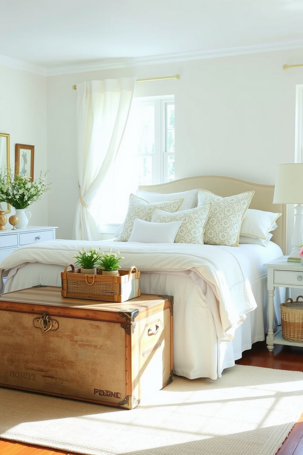 A serene summer bedroom setting featuring a vintage trunk at the foot of the bed for storage. The room is adorned with soft pastel colors and light, airy fabrics that evoke a sense of calm and relaxation. Natural light pours in through sheer curtains, illuminating the cozy space. A plush bed with a light quilt and an assortment of decorative pillows invites comfort and tranquility.