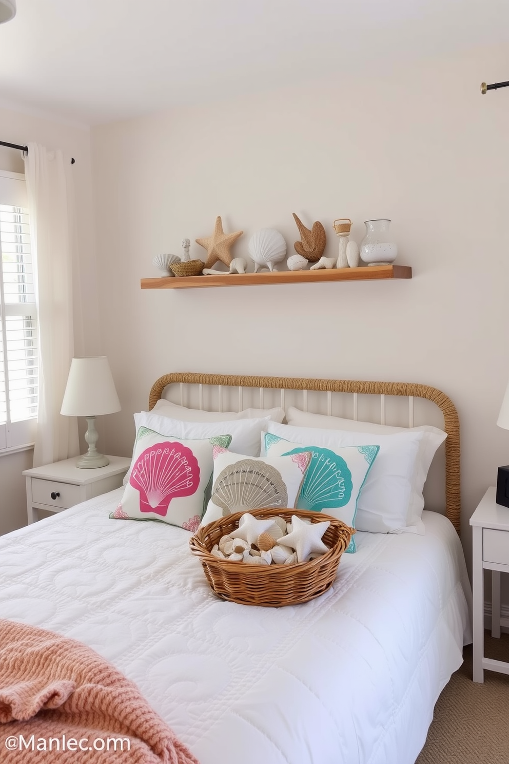 A serene summer bedroom filled with natural light. The bed is adorned with a soft white quilt and vibrant throw pillows featuring seashell patterns. Seashells and beach finds are artfully arranged on a floating shelf above the bed. A wicker basket filled with assorted beach treasures sits in the corner, adding a coastal touch to the decor.