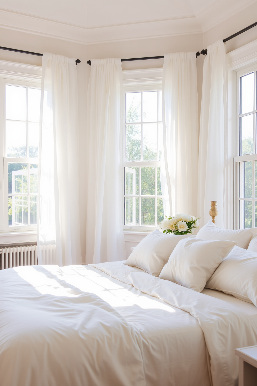 A bright summer bedroom filled with natural light. Sheer curtains drape elegantly over large windows, allowing sunlight to filter softly into the space. The walls are painted in a soft pastel hue, creating a calming atmosphere. A cozy bed adorned with light, airy linens invites relaxation and comfort.