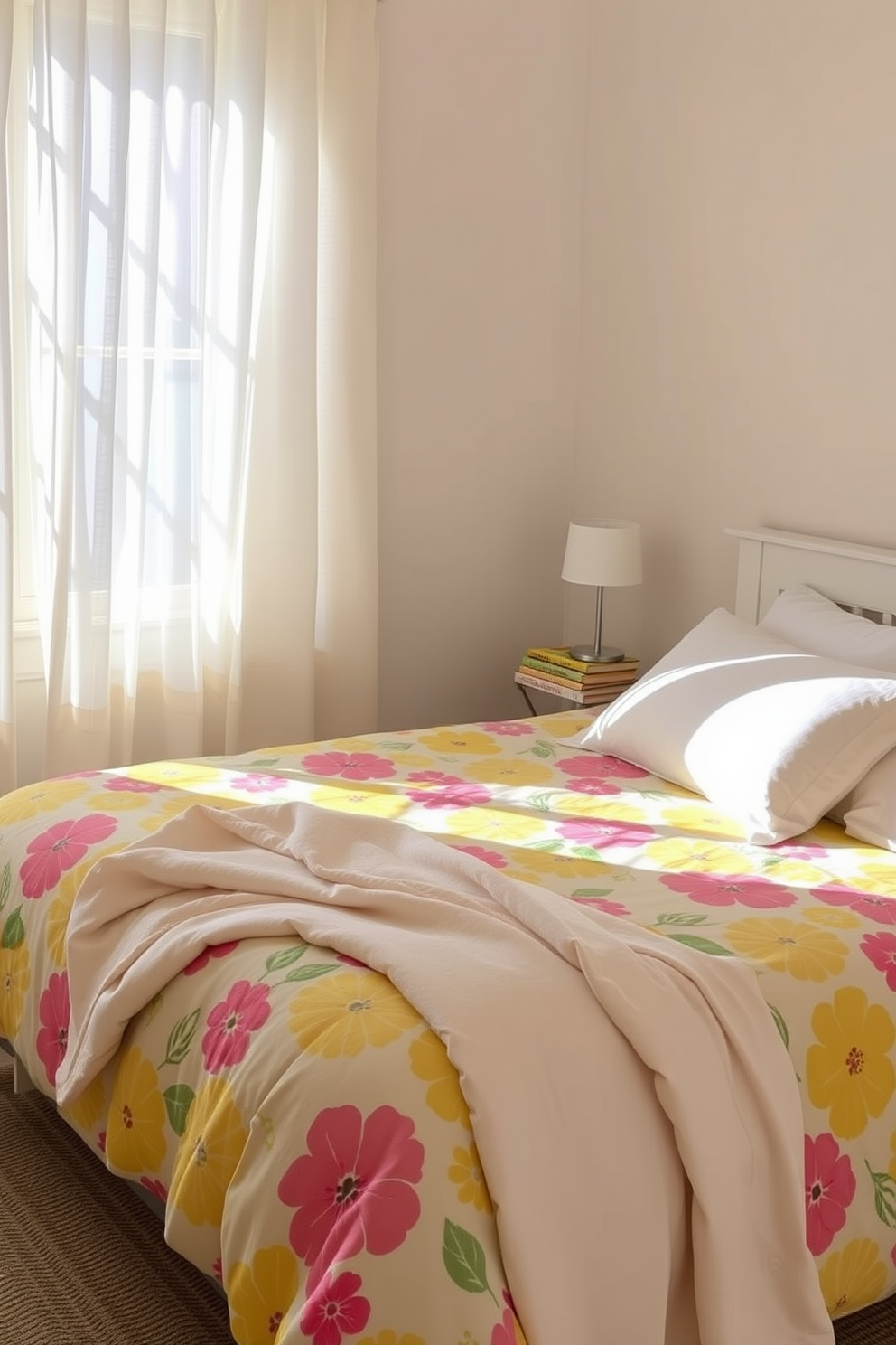 A bright and cheerful bedroom setting features a vibrant duvet cover adorned with floral patterns in shades of yellow and pink. The bed is complemented by fluffy white pillows and a light, airy throw blanket draped casually at the foot. Sunlight streams through sheer white curtains, illuminating the space and creating a warm and inviting atmosphere. A small bedside table holds a cheerful lamp and a stack of colorful books, adding a touch of personality to the room.