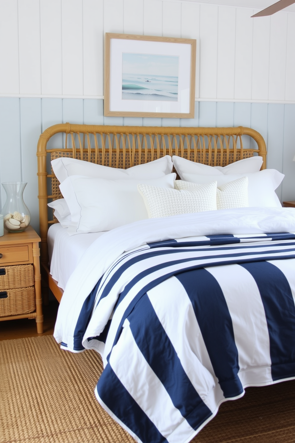 A serene summer bedroom setting with a light blue accent wall and white shiplap paneling. The bed is adorned with a navy and white striped comforter, complemented by an array of fluffy white pillows. A rattan bed frame adds a natural touch, while a woven jute rug anchors the space. Beach-themed decor includes seashells in a glass vase on the nightstand and framed coastal artwork above the bed.