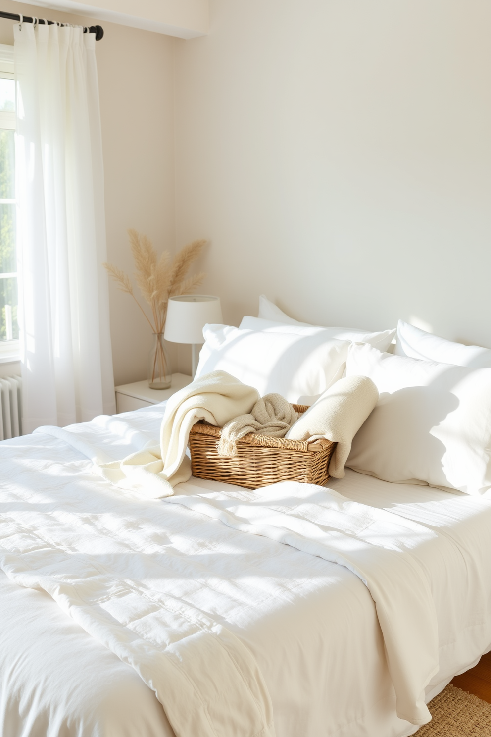 A bright and airy summer bedroom features a light color palette with soft pastel hues. The bed is adorned with lightweight throws instead of heavy blankets, creating a fresh and inviting atmosphere. Natural light floods the room through sheer curtains, illuminating the space. A wicker basket holds rolled-up throws, adding a touch of texture and warmth to the decor.