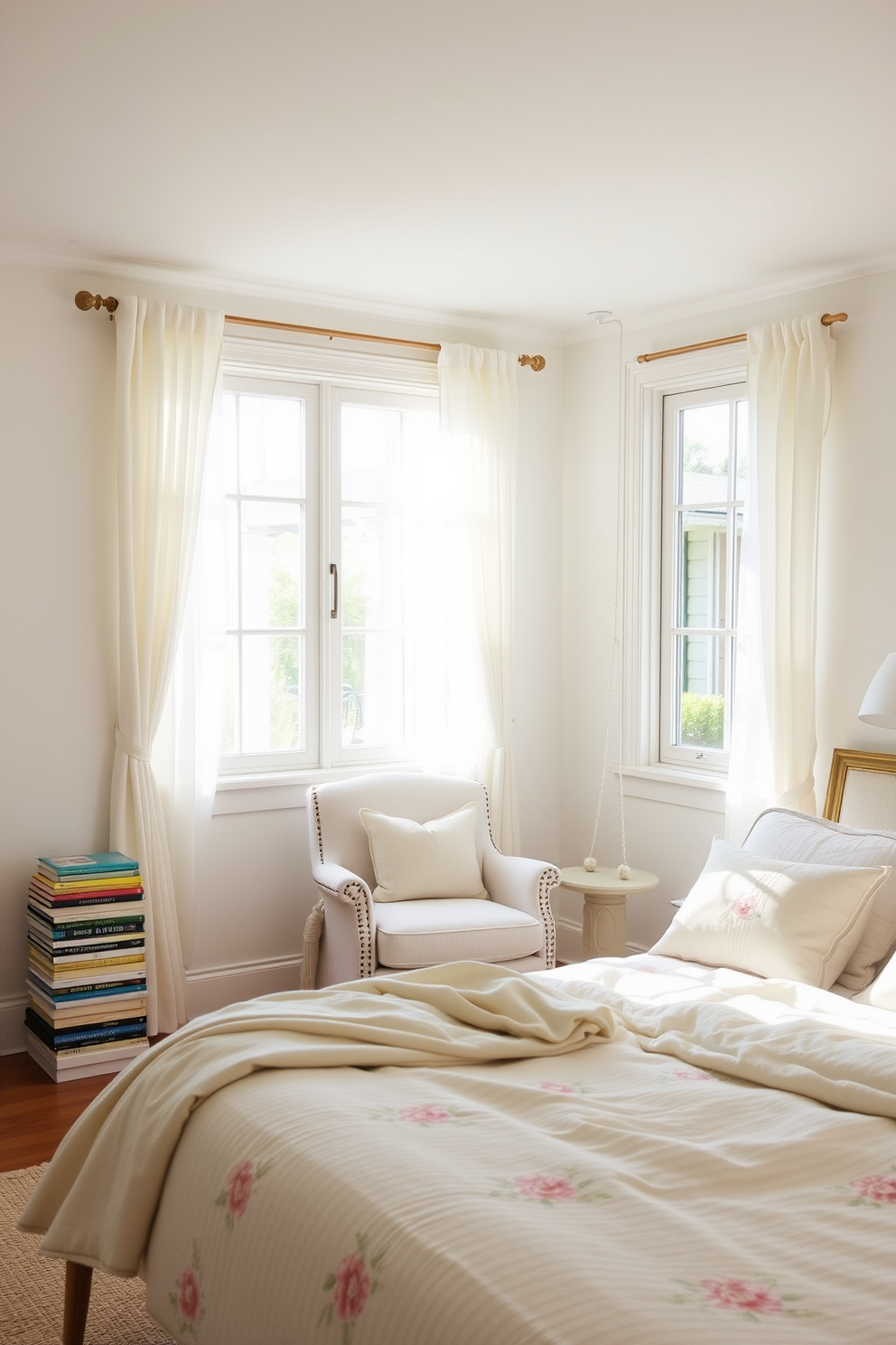 A bright and airy summer bedroom features soft white walls that create a serene backdrop. The bedding consists of light pastel colors with floral patterns, complemented by fluffy pillows and a lightweight throw. Natural light floods the room through large windows adorned with sheer curtains that flutter gently in the breeze. A cozy reading nook is created by a plush armchair in the corner, accompanied by a small side table and a stack of colorful books.