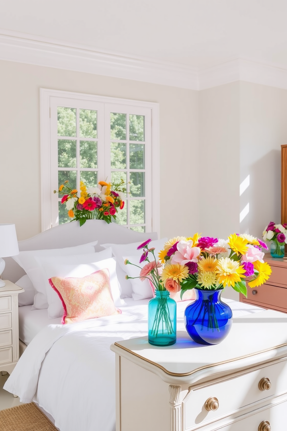 A bright summer bedroom filled with natural light. The bed is adorned with crisp white linens and colorful throw pillows, creating a cheerful atmosphere. Vibrant vases filled with fresh flowers are placed on the nightstands and dresser. The walls are painted in a soft pastel hue, complementing the floral arrangements beautifully.