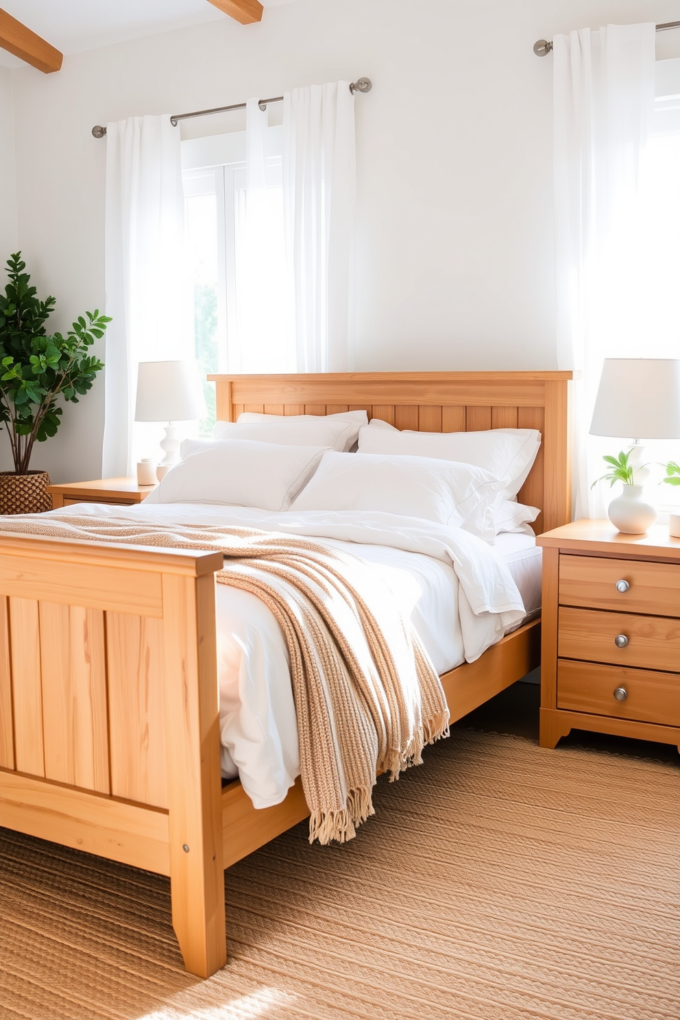 A serene summer bedroom retreat features light wood finishes for the bed frame and nightstands. Soft, airy linens in pastel colors adorn the bed, complemented by a cozy throw draped over the edge. Natural light streams through sheer curtains, illuminating the space and enhancing the warm tones of the wooden furniture. A woven rug in neutral shades adds texture underfoot, creating a comfortable and inviting atmosphere.