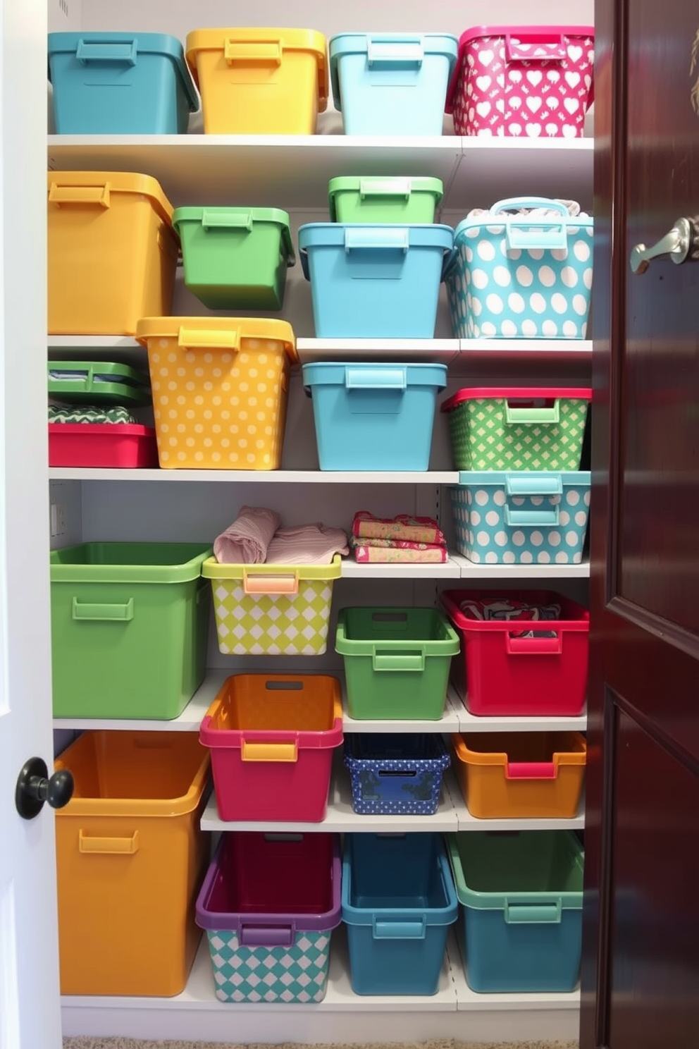 A vibrant summer closet filled with colorful storage bins in various sizes and patterns. The bins are neatly organized on shelves, adding a playful touch to the space while providing functional storage solutions.