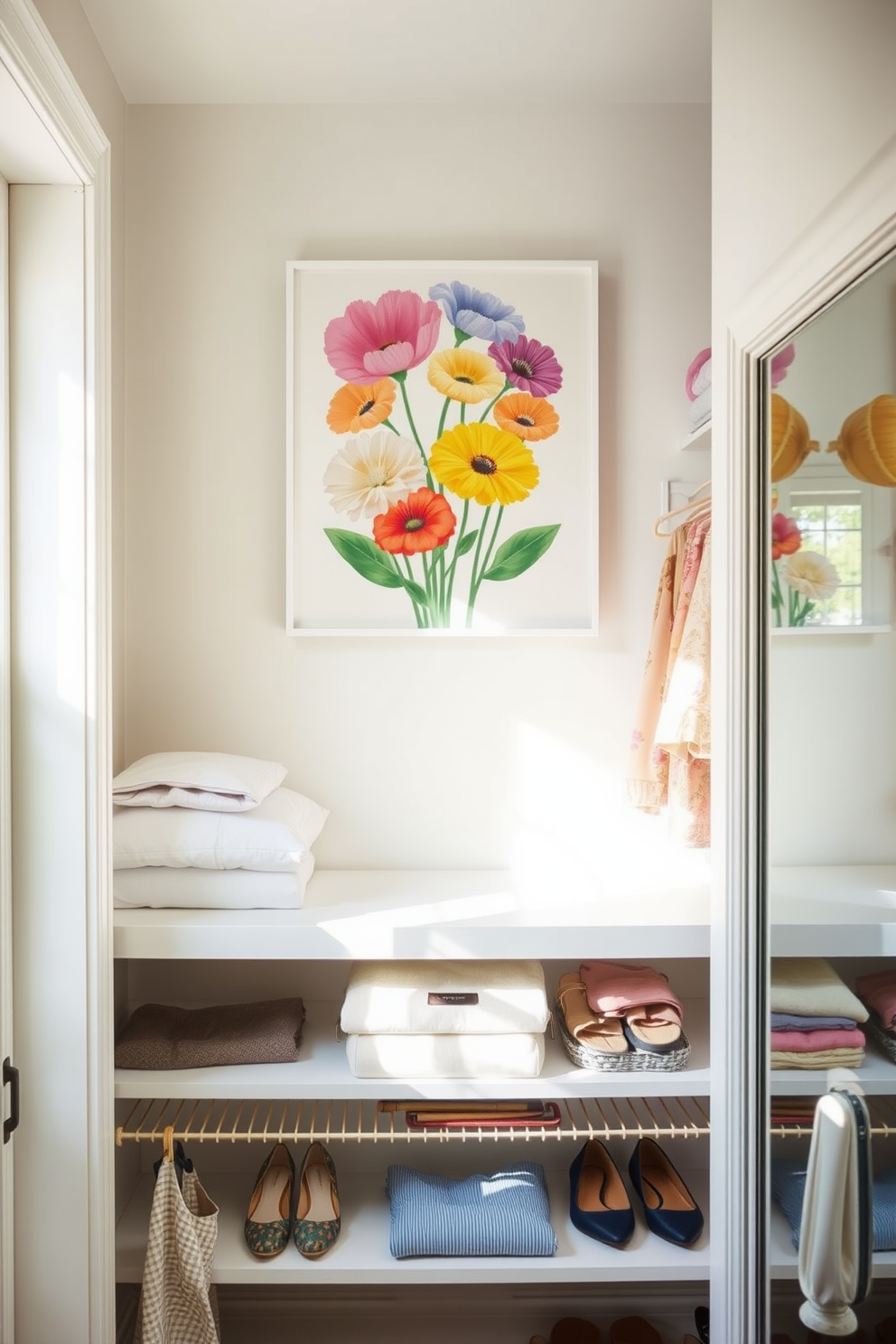 A bright and airy closet space filled with summer vibes. The walls are painted in soft pastel colors, and a cheerful piece of art featuring vibrant flowers hangs prominently. Stylish open shelving displays neatly folded summer clothes and accessories. A large mirror reflects the natural light coming in through a nearby window, enhancing the cheerful atmosphere.