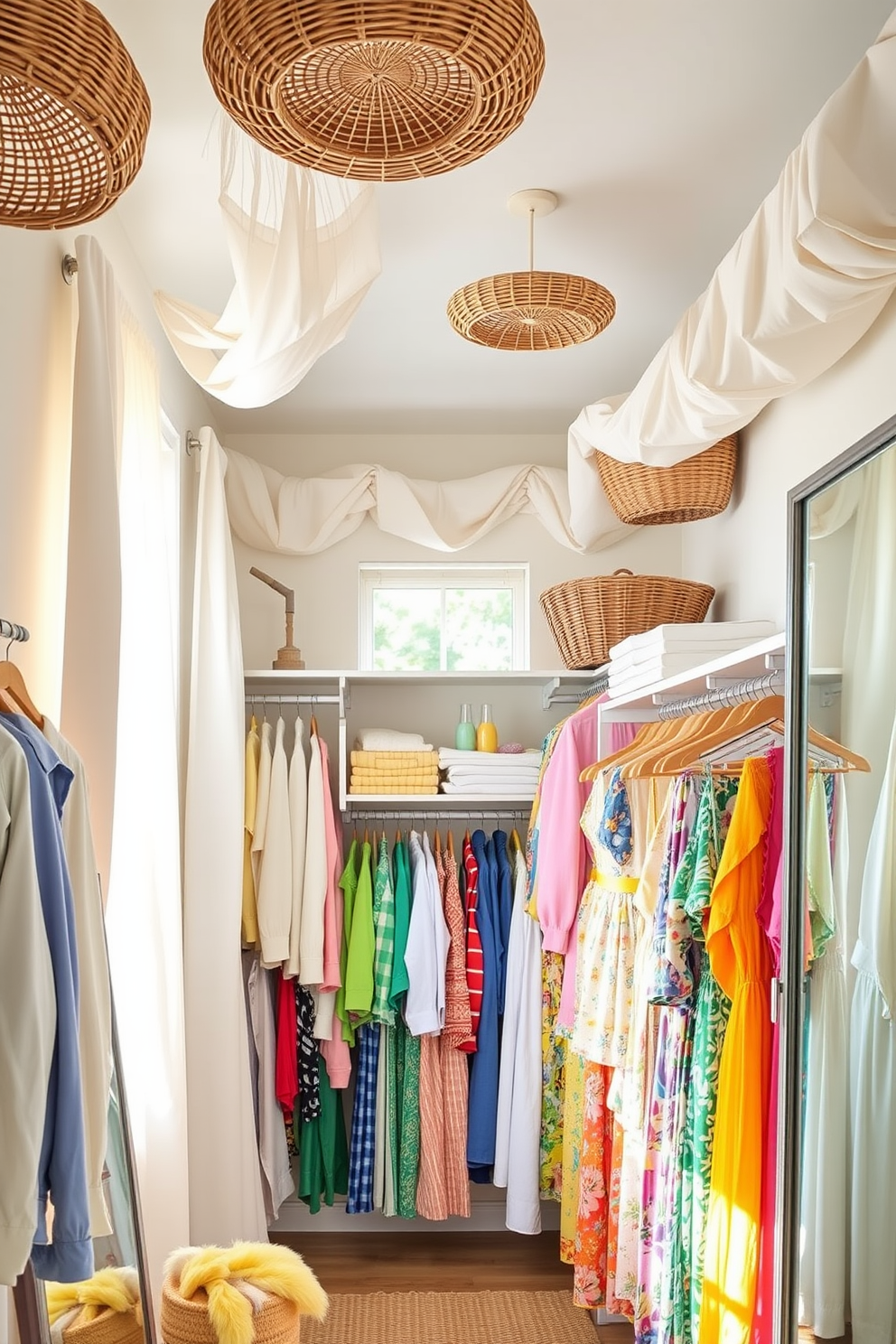 A bright and airy summer closet filled with colorful hanging items. The ceiling is adorned with woven baskets and light fabric drapes that create a breezy atmosphere. Shelves are lined with neatly folded pastel sweaters and vibrant summer dresses. A large mirror reflects the sunlight streaming in from a nearby window, enhancing the cheerful ambiance.