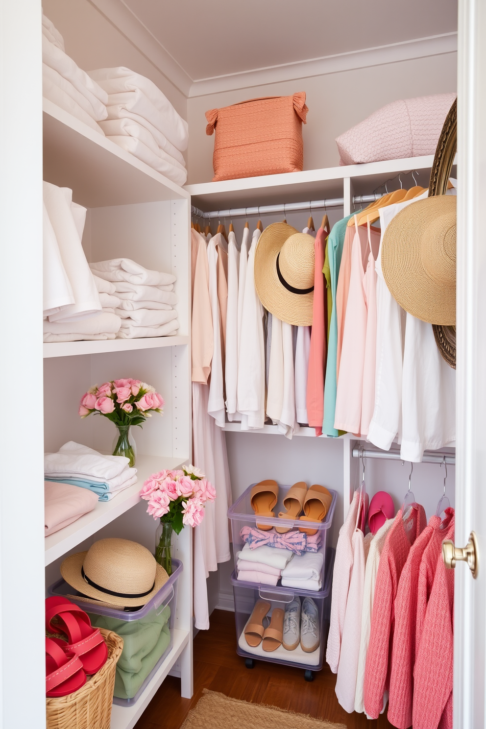 A bright and airy summer closet filled with light linen garments in pastel colors. Soft white shelves display neatly folded shorts and tank tops, while vibrant beach hats and sandals are organized in clear bins. A decorative mirror hangs on the wall, reflecting the cheerful ambiance of the space. Fresh flowers in a small vase add a touch of nature, creating a welcoming atmosphere for summer outfits.