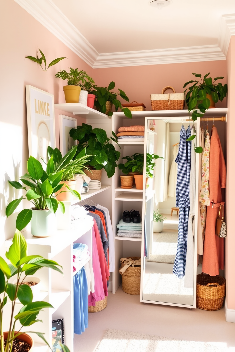 A bright and airy closet space filled with natural light. Soft pastel colors adorn the walls, while potted plants are strategically placed on shelves and the floor, adding a fresh touch of greenery. The closet features open shelving displaying neatly folded summer clothes and accessories. A stylish full-length mirror reflects the vibrant plants, creating an inviting and organized atmosphere.