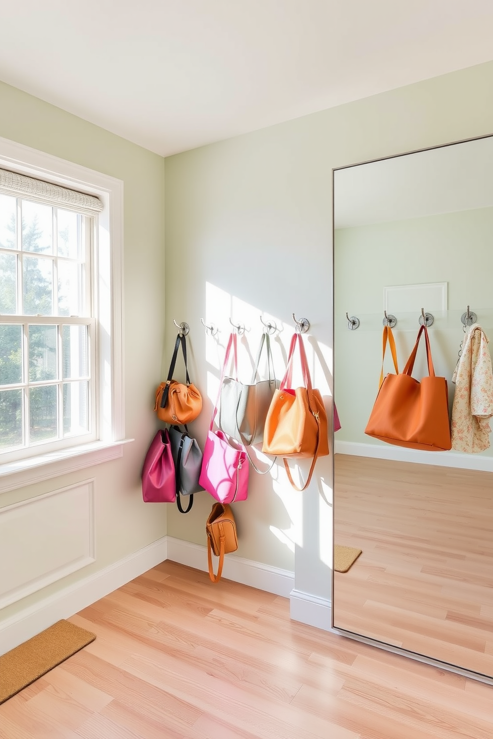 A bright and airy summer closet featuring decorative hooks for bags. The walls are painted in a soft pastel color, and the flooring is light wood, creating a warm and inviting atmosphere. Stylish bags are neatly hung on the decorative hooks, showcasing vibrant colors and textures. A large mirror reflects the natural light streaming in from a nearby window, enhancing the cheerful ambiance of the space.