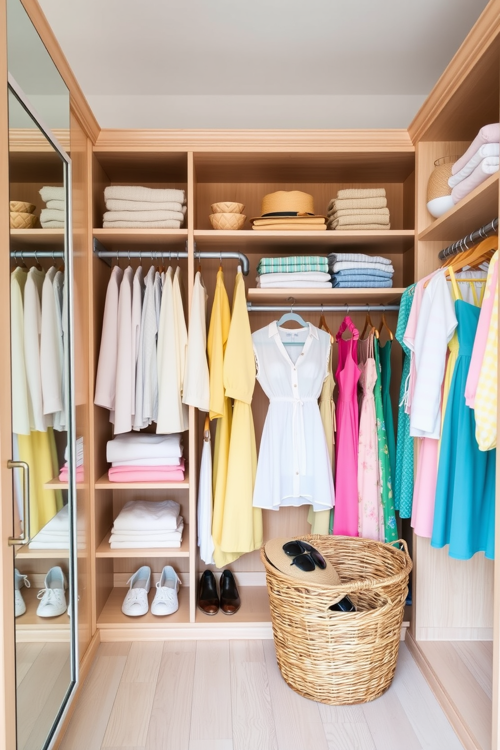 A bright and airy summer closet featuring a palette of soft pastels. Shelves are organized by color, showcasing neatly folded lightweight sweaters, delicate blouses, and vibrant summer dresses. The closet has a light wooden finish, enhancing the fresh and breezy atmosphere. A large mirror reflects the colorful clothing, while a woven basket holds summer accessories like hats and sunglasses.