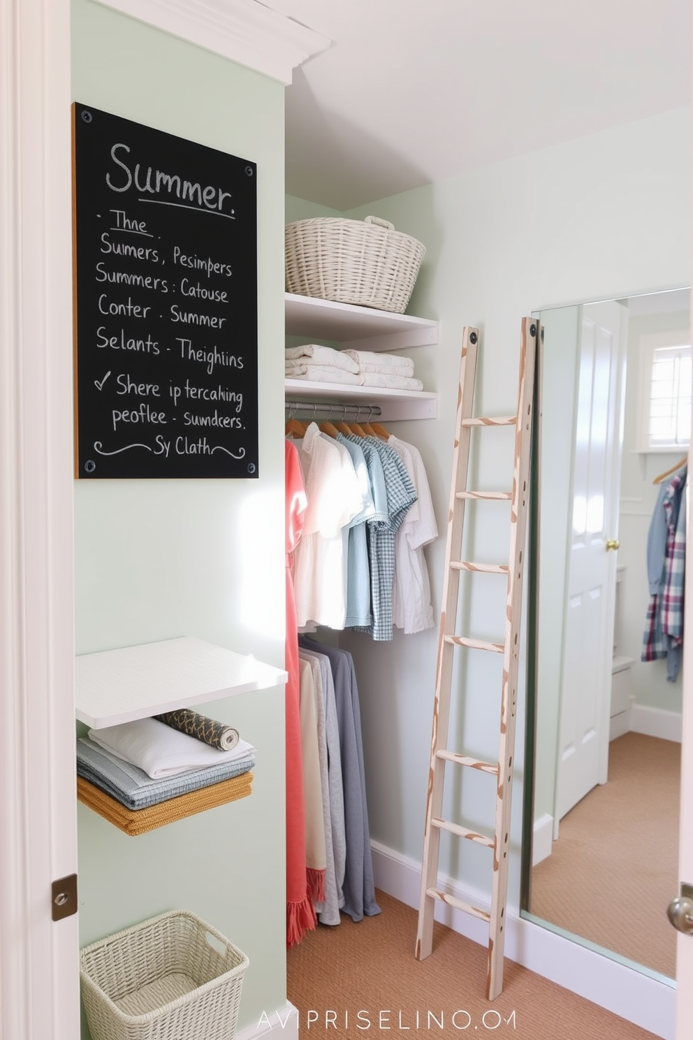 A bright and airy closet space designed for summer. The walls are painted in a soft pastel hue, and a stylish chalkboard is mounted on one wall for notes and reminders. Open shelving displays neatly folded summer clothes, while a decorative ladder leans against the wall for added storage. A full-length mirror is positioned to reflect natural light, creating an inviting atmosphere.