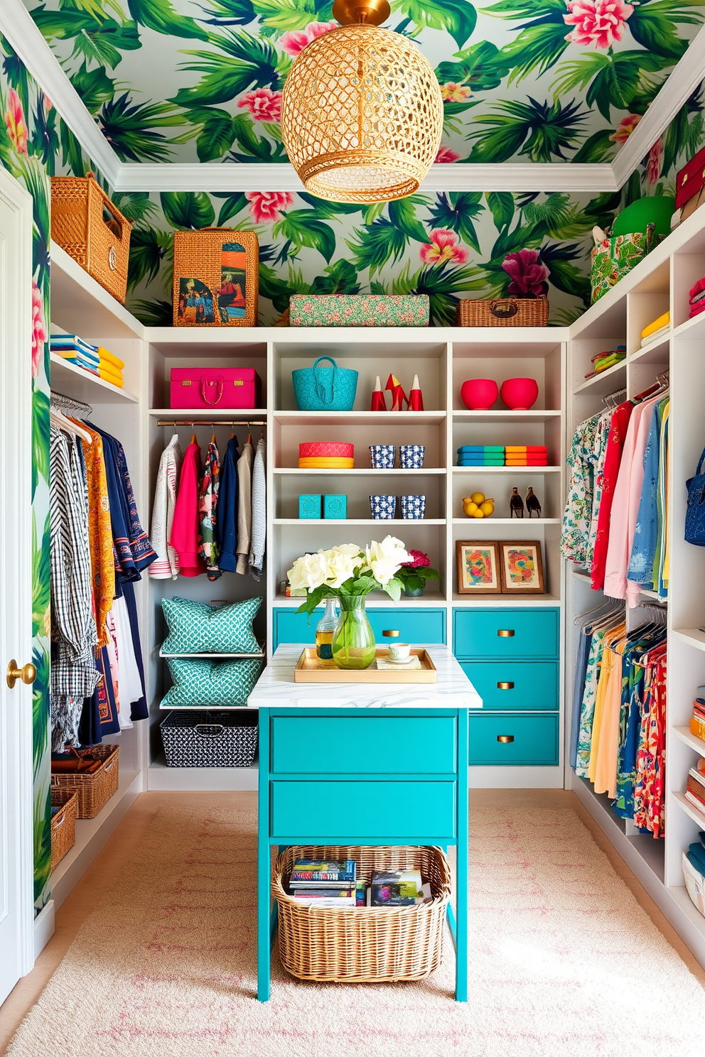 Create a vibrant summer closet space featuring walls adorned with tropical prints that evoke a sense of paradise. The closet is organized with open shelving displaying colorful accessories and a stylish island in the center for added functionality.